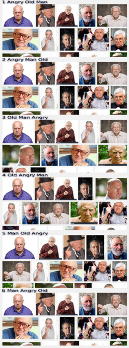 Comparison of the Google Image Search Results for 'angry old man', 'angry man old', ' old man angry', 'old angry man', 'man old angry' and 'man angry old'.