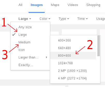 Google Image Search 'Size' restriction menu and sub-menu