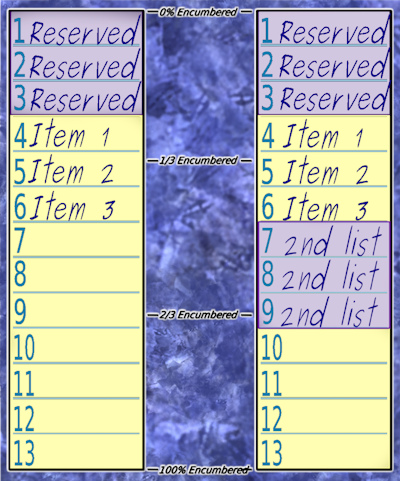 Three intervals and STR 13, List #3, two ways - showing what happens when you add a second List #2, and illustrating how you can see at a glance what the Encumberance levels are. On the first version of the list, the character is 1/3 encumbered (2/3 normal movement), while on the second version, the addition of a second page of list #2 (shown as '2nd list') has pushed the character into the 2/3 encumbered bracket (1/3 movement).