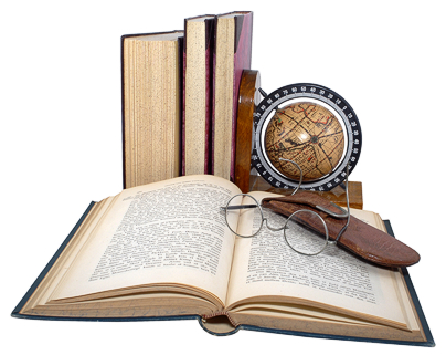 open book, more standing, globe, glasses