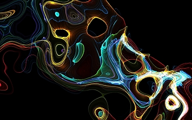 brightly-colored swirls of color float on inky blackness