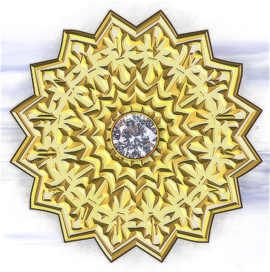 shiny metallic amulet with a jewel-like center