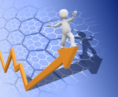 riding an upward trend against a hexgrid background