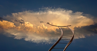 ladder curving into the clouds