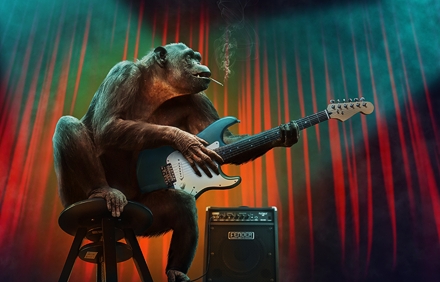 chimp on stage playing electric guitar