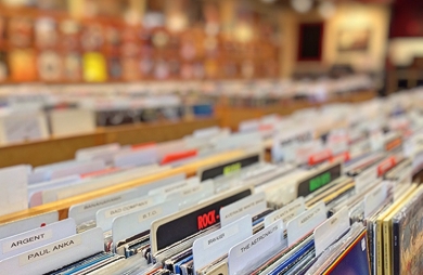 stocked shelves in a record store