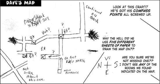A really badly drawn map, compass directions off, full of crossing out and question marks.