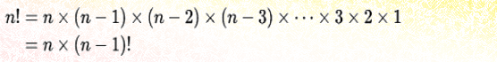 n! = n × (n-1) × (n-2) × (n-3) × .... × 3 × 2 × 1, which also equals n × (n-1)!
