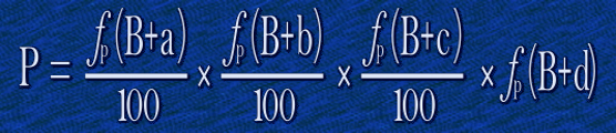 Net Probability % = Probability% (B+a), divided by 100, multiplied by Probability% (B+b) divided by 100, multiplied by Probability% (B+c) divided by 100, multiplied by Probability (B+d)