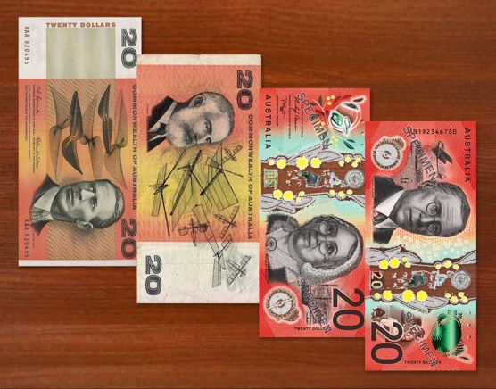 Australian paper $20 note from 1990s and contemporary polymer note